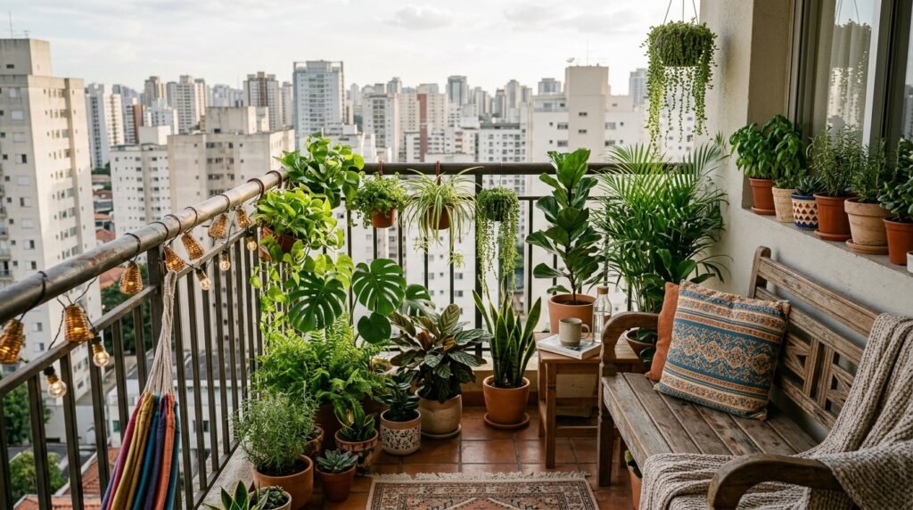 Varanda pequena de apartamento com vasos, plantas pendentes e banco de madeira