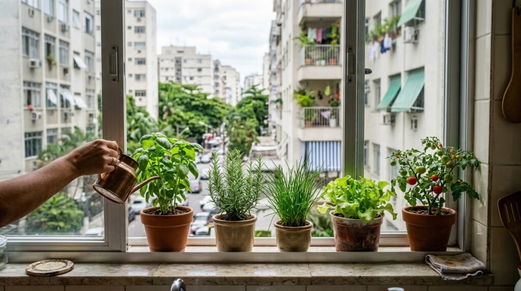 Horta de temperos e tomate-cereja na janela da cozinha de um apartamento