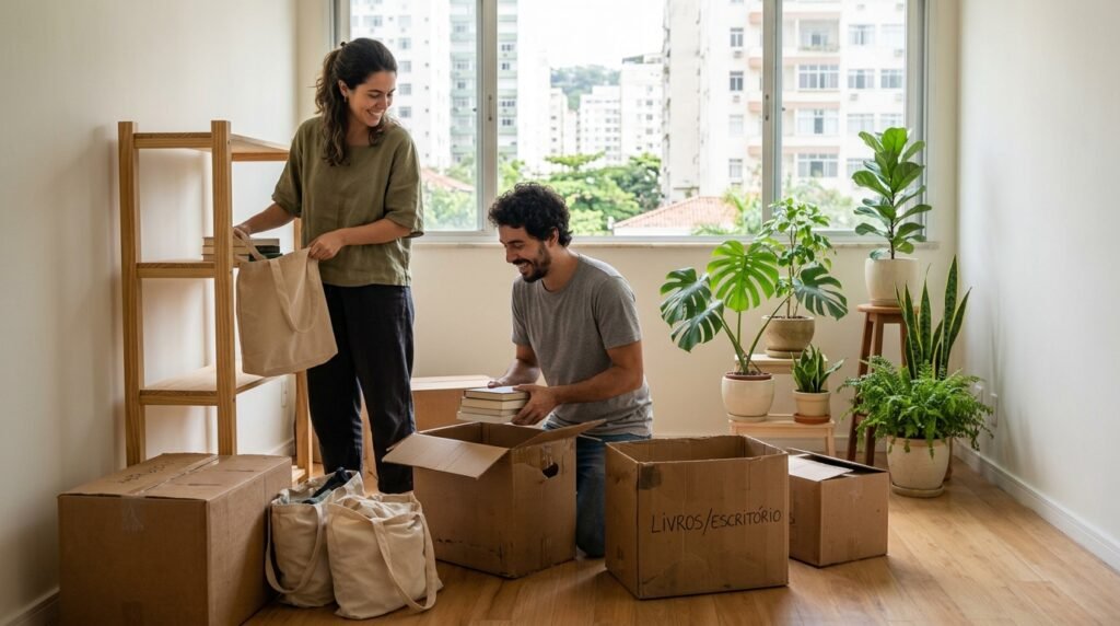 Casal desembalando caixas de papelão reaproveitadas em apartamento novo com plantas